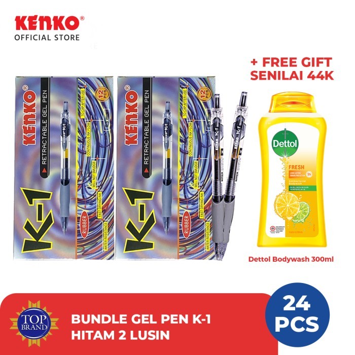 Paket Bundle Hemat 2 Lusin Gel Pen K-1 HITAM + FREE GIFT BODY WASH